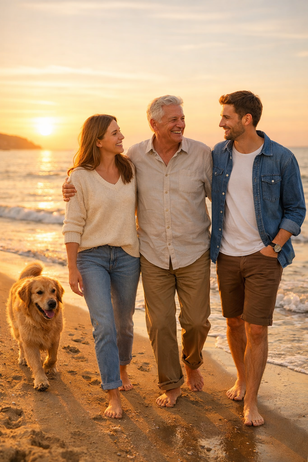 A family walking together on the beach at sunset with their dog