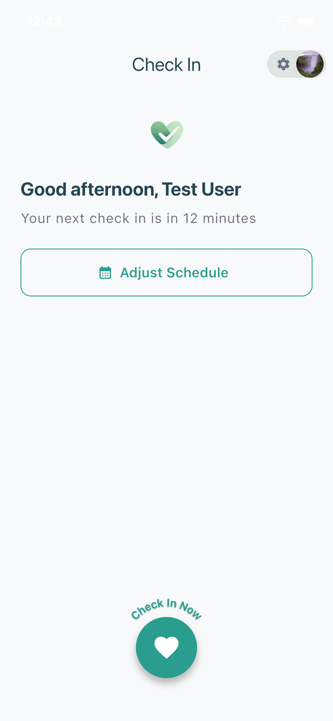 Home screen showing next check-in countdown and check-in button