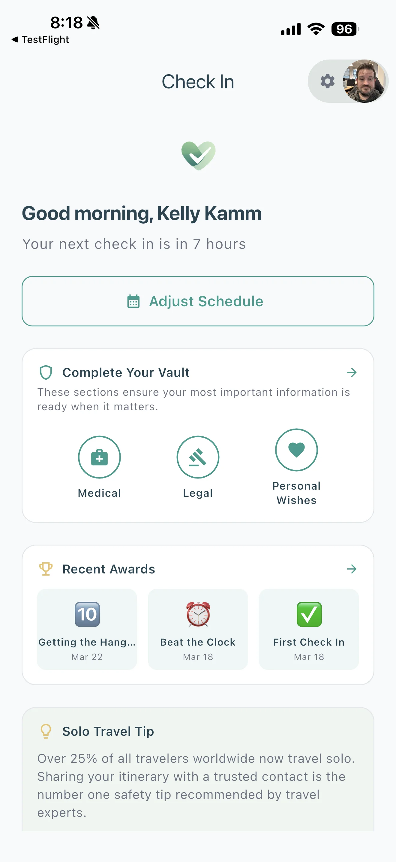 Home screen showing next check-in countdown and check-in button