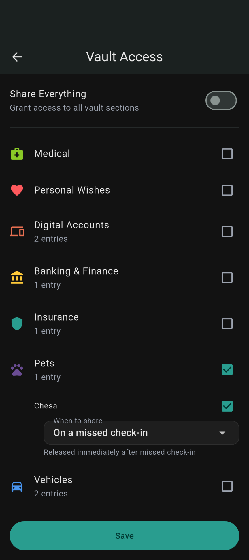 Vault access screen showing per-contact permission controls