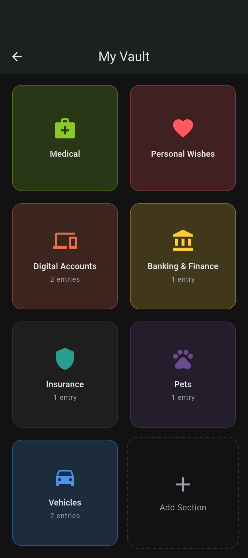 My Vault screen showing organized sections for legal, medical, banking, and more