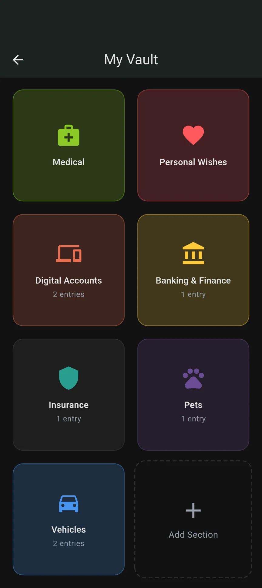 My Vault screen showing organized sections for legal, medical, banking, and more
