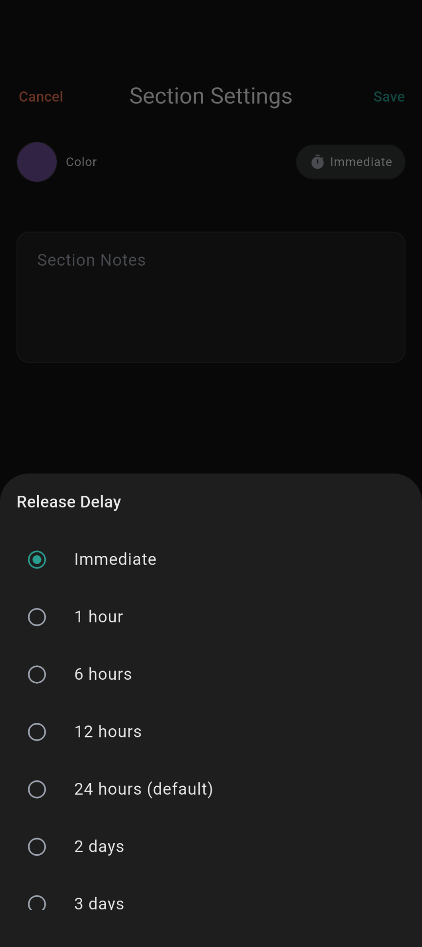 Vault section settings showing release delay picker